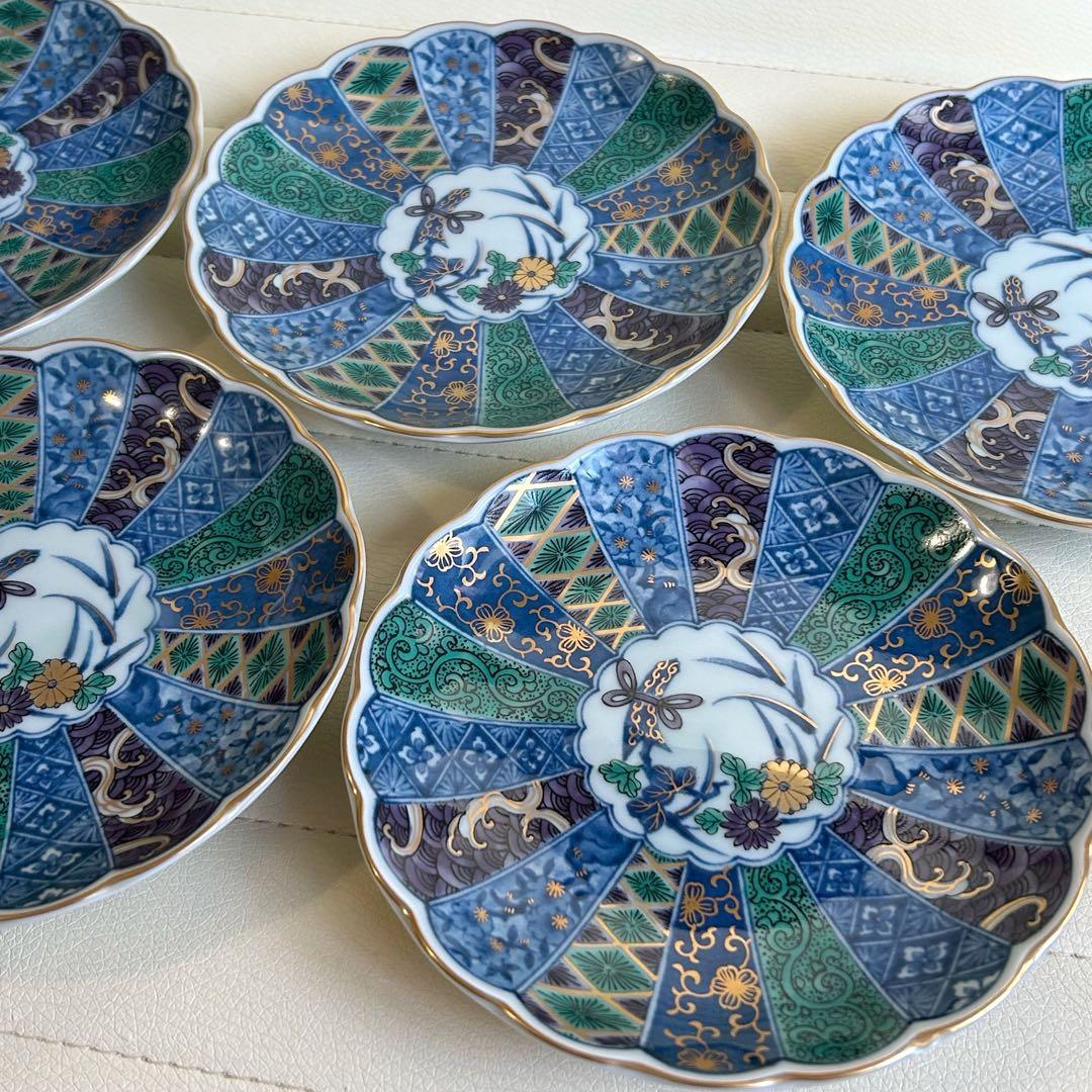 第一陶器　翔山窯　金襴手　金彩古伊万里　菊割皿　5枚セット　銘々皿　輪花皿　色絵