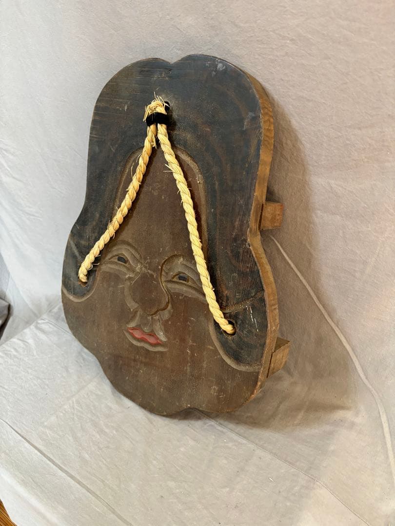 下駄屋 時代看板 おかめ 木彫り 51cm 縁起物 壁掛け