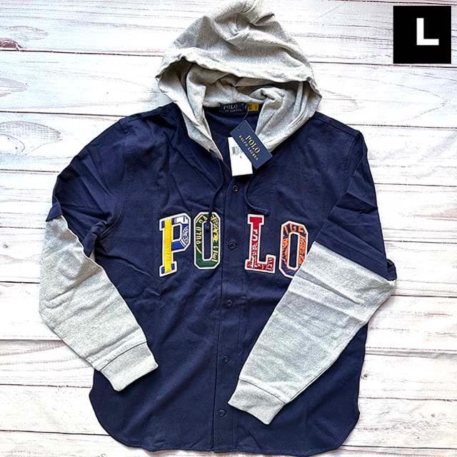 【セール】ポロラルフローレン ベースボールシャツ フード ロゴ 長袖 海外L