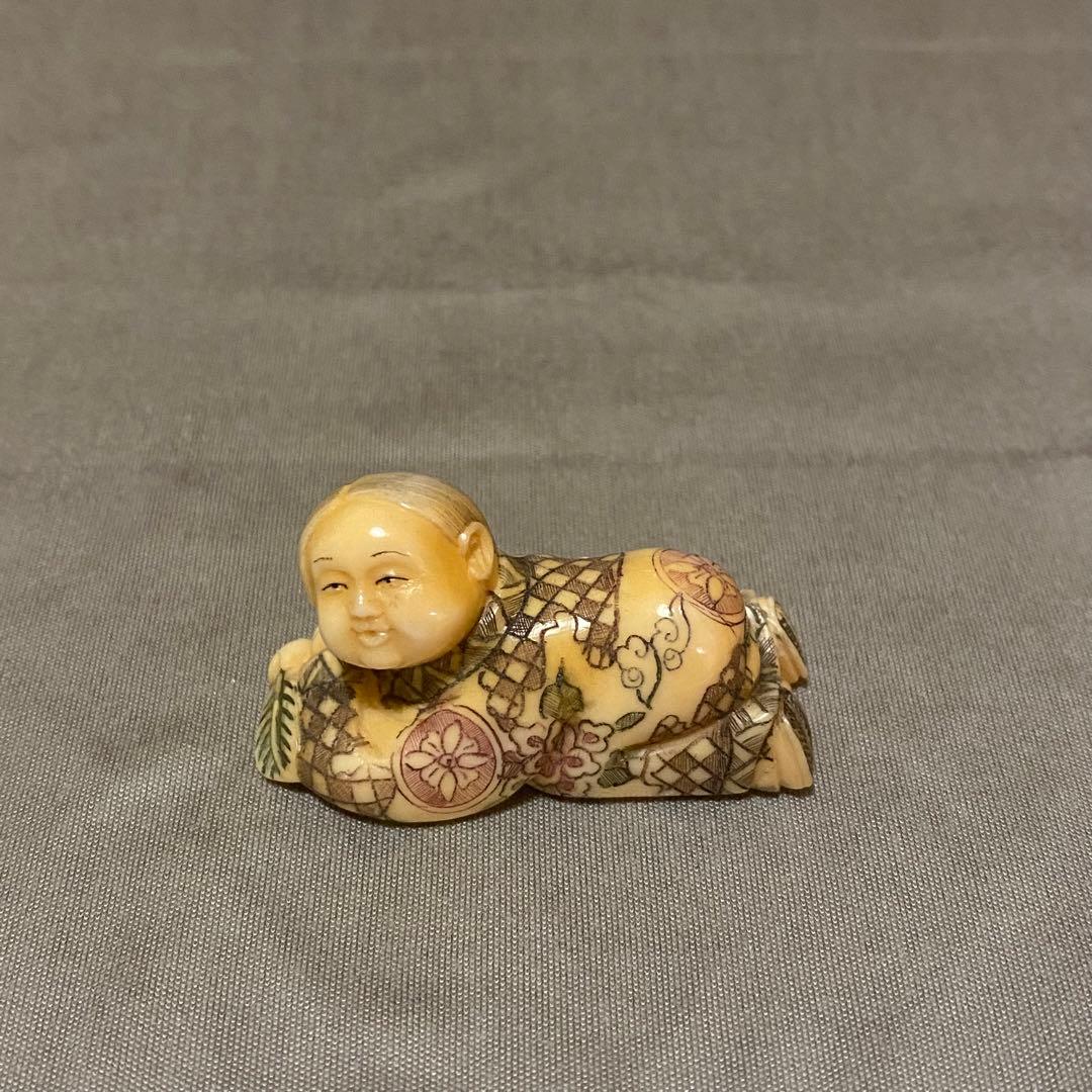 古美術 在銘 山口 カバ牙 根付 河馬 骨董 Netsuke 人物 彫刻⑤