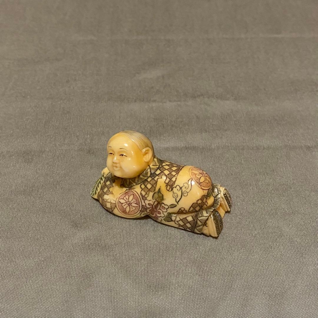 古美術 在銘 山口 カバ牙 根付 河馬 骨董 Netsuke 人物 彫刻⑤