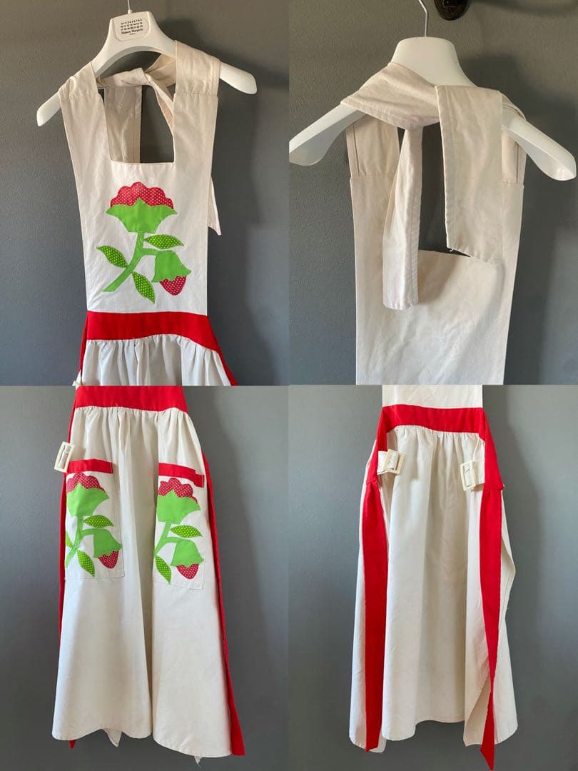 アンティーク ビンテージ 70s 大柄 花柄 キナリ白エプロンドレス ワンピース