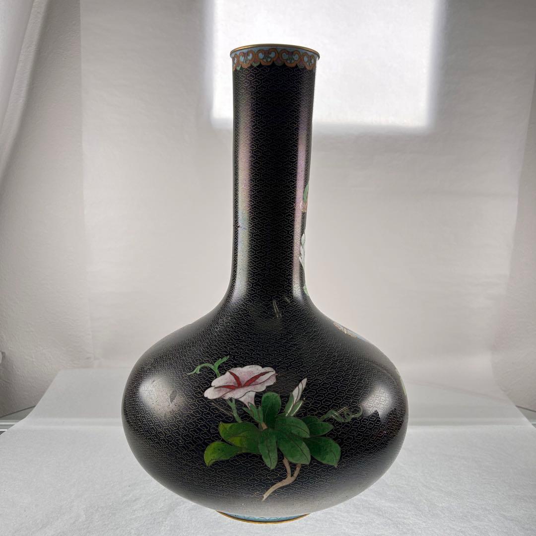 B021黒色手描き花柄陶器花瓶