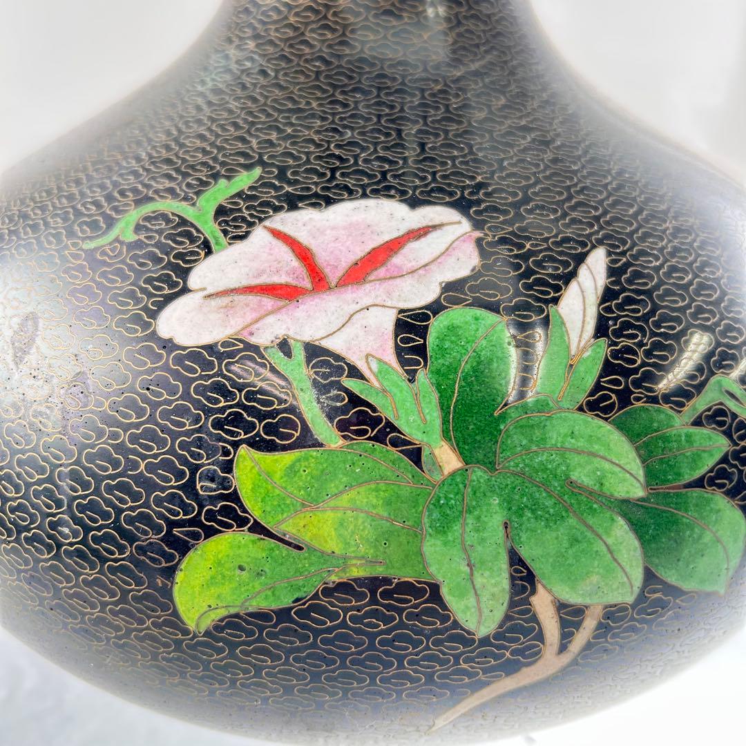 B021黒色手描き花柄陶器花瓶