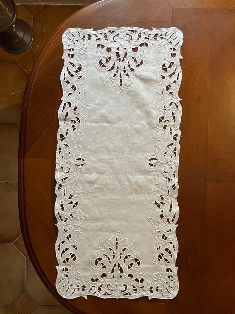 ◆フランスアンティーク｜超希少未使用手刺繍テーブルセンタークロス長方形長い白