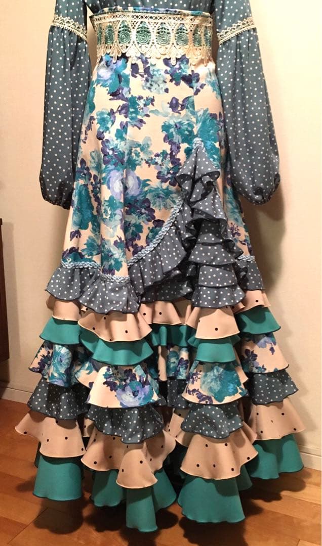 メル17134 フラメンコ 衣装 ファルダ ブラウス 花柄ブルーグリーン