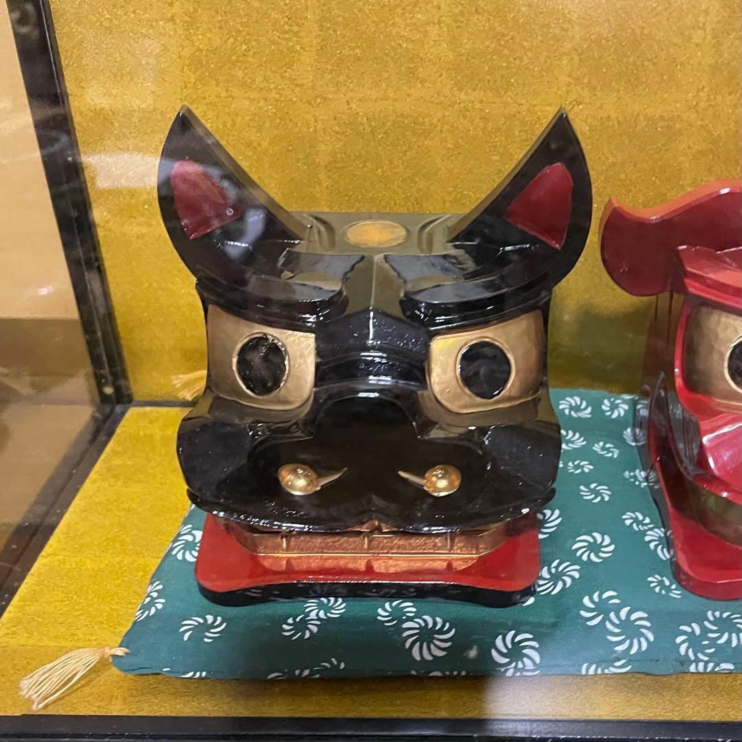 酒田獅子頭 置物 雄雌黒赤一対 伝統工芸品 和風インテリア