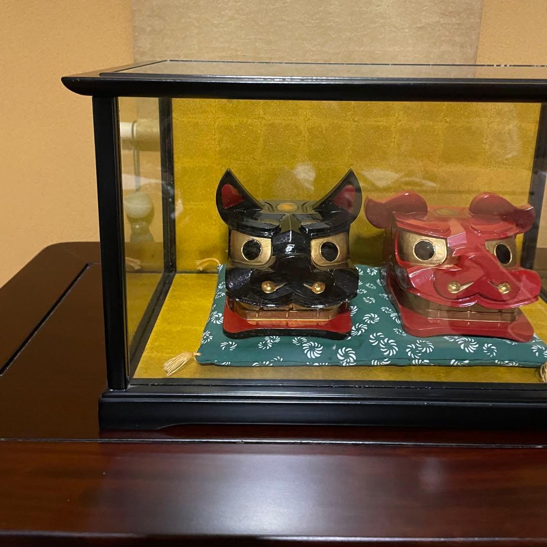 酒田獅子頭 置物 雄雌黒赤一対 伝統工芸品 和風インテリア