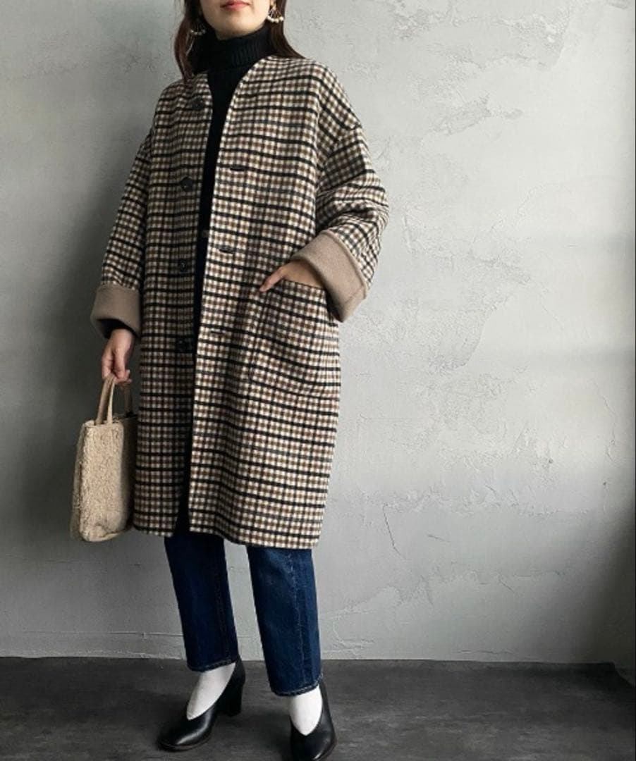 LE GLAZIK ルグラジック チェック柄 リバーシブル ノーカラーコート