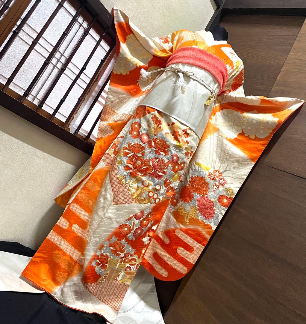 振袖 フルセット6点サイズM〜Ｌ駒刺繍　扇面花車文　暈し染め　金彩　正絹