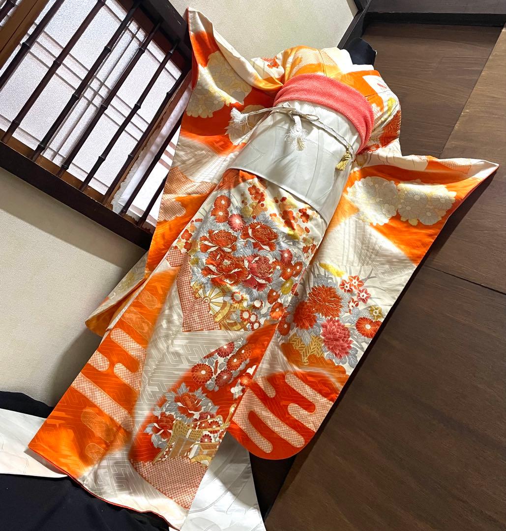 振袖 フルセット6点サイズM〜Ｌ駒刺繍　扇面花車文　暈し染め　金彩　正絹