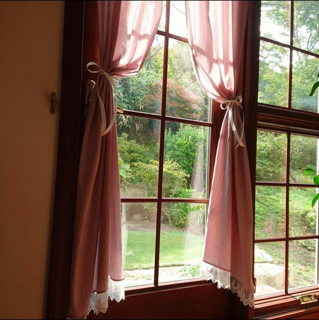 ダスティピンクコットン♪両開きカフェカーテン 170cm丈リボン付クリップ付き♪