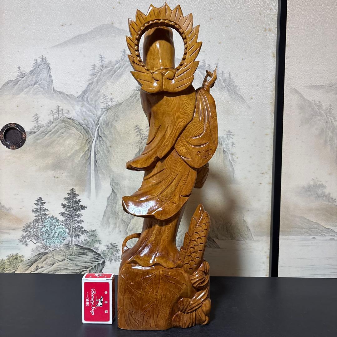 大型 龍乗り　観音菩薩 木彫　仏像 彫刻　開運　風水　置物　縁起物　インテリア