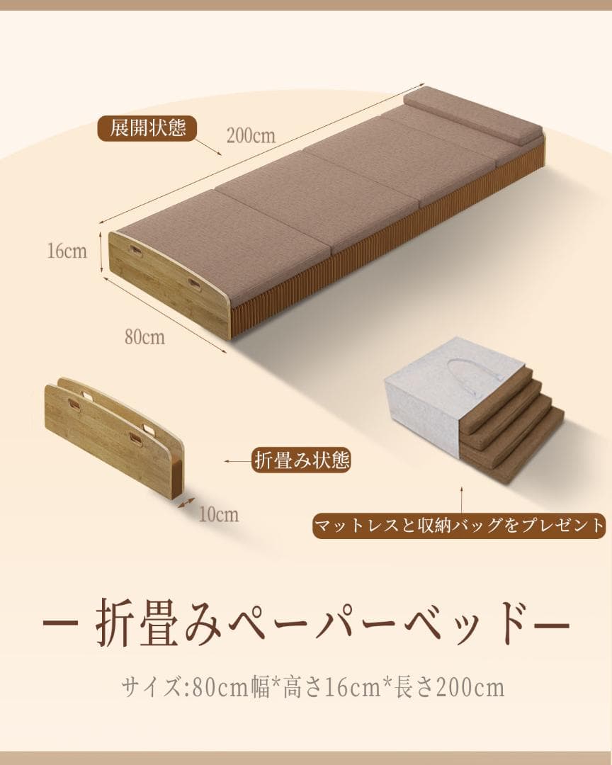ペーパー折りたたみベッド幅80㎝高さ16㎝組立不要 マットレス付き 一人暮らし