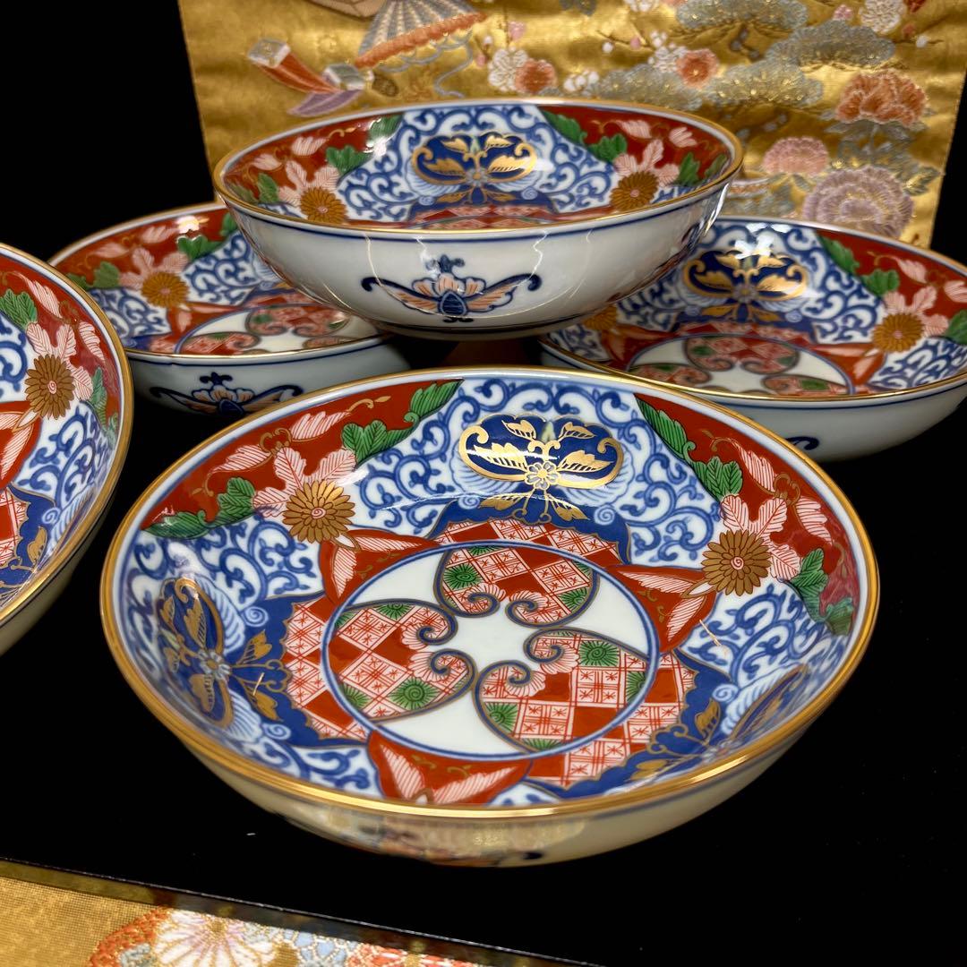 【古伊万里意匠】 其泉 染錦金彩 見込地紋 なます皿 セット 平鉢 浅鉢 向付