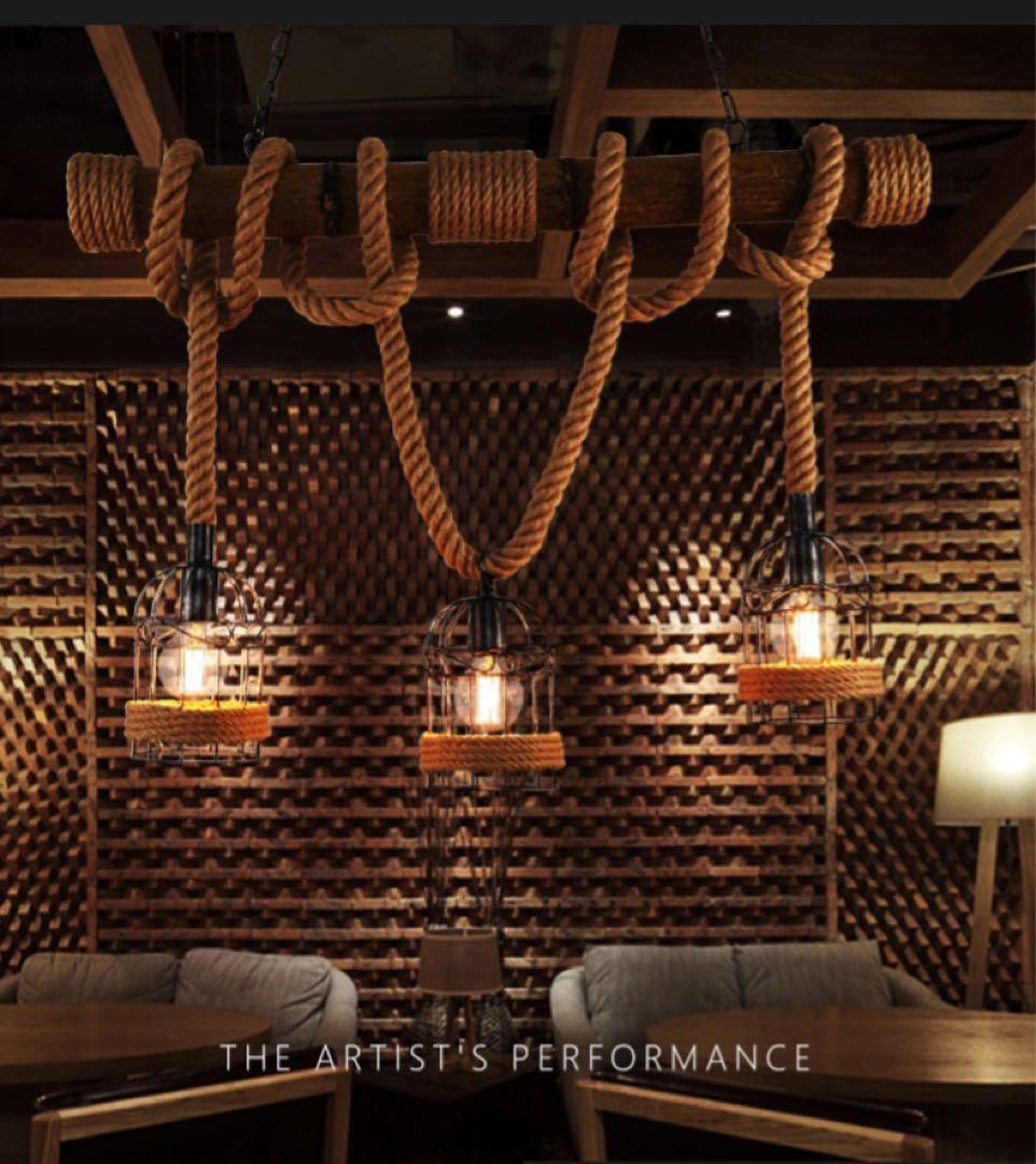 LED電球付き ヴィンテージ風 3灯シャンデリア 木材・金属・ロープ製