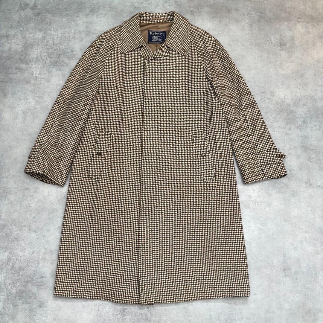 【バーバリー】カシミヤ ラムズ ロングステンカラーコート メンズ L 千鳥格子