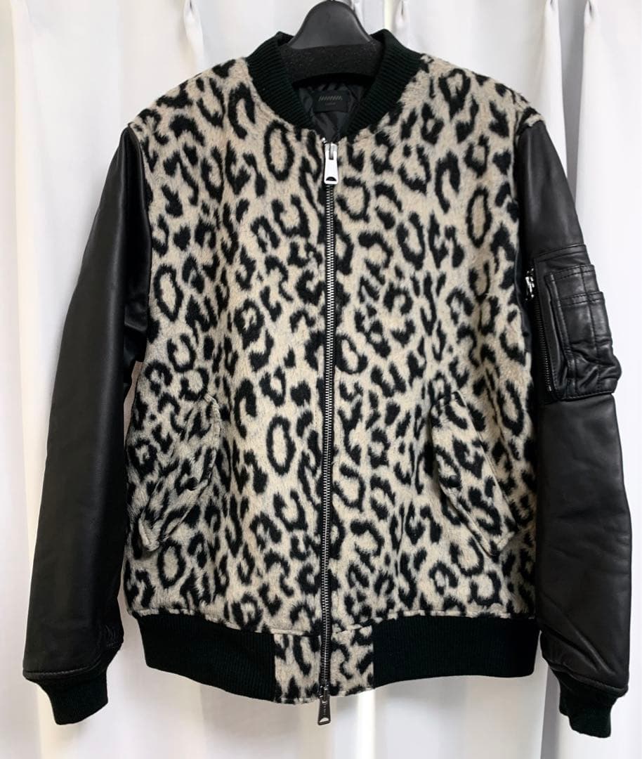 Lサイズ◎MMMM 羊革 ラムレザー切替 レオパード柄 MA-1 ジャケット 豹