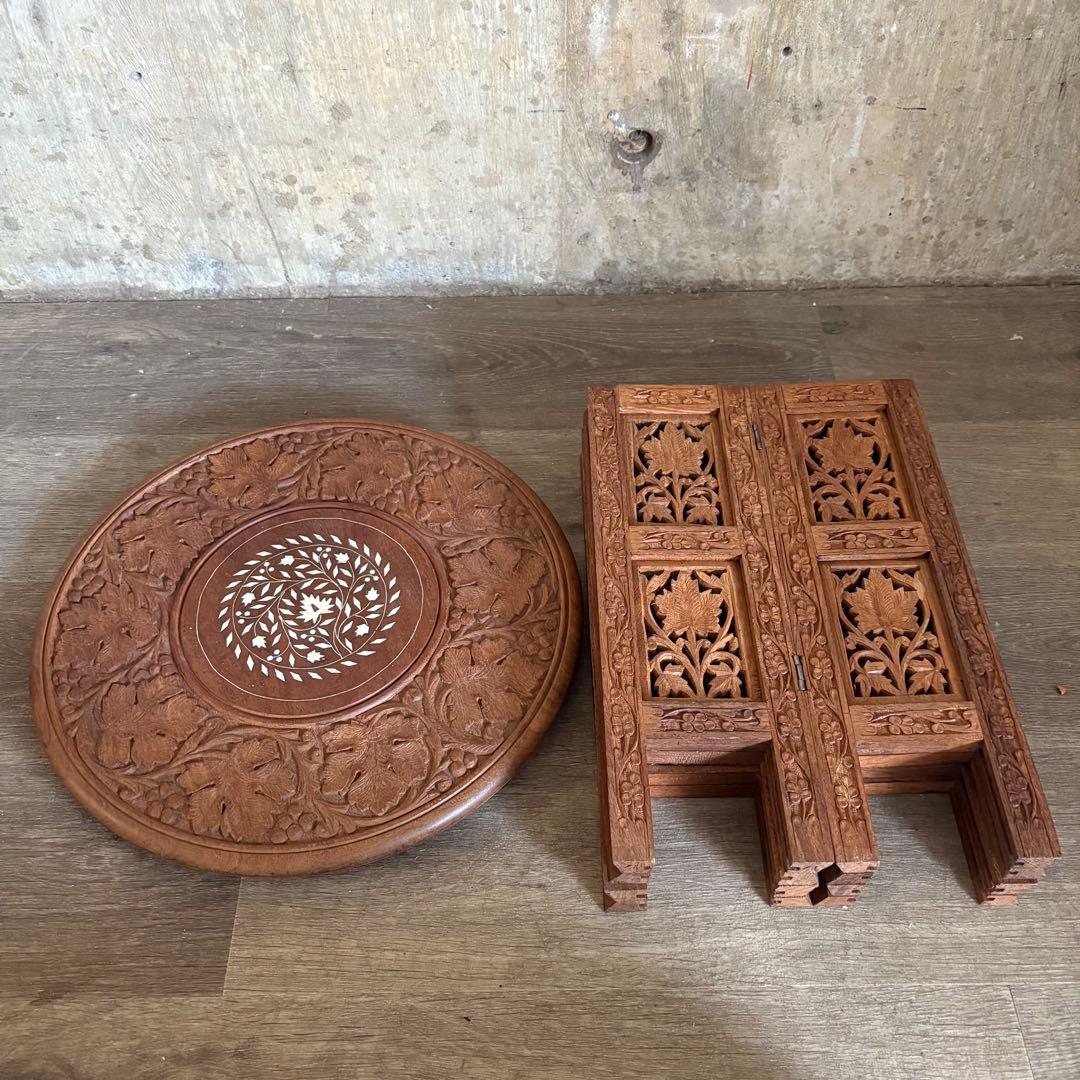 シーシャムウッド　彫刻テーブル　サイドテーブル　インド製　ヴィンテージ　②