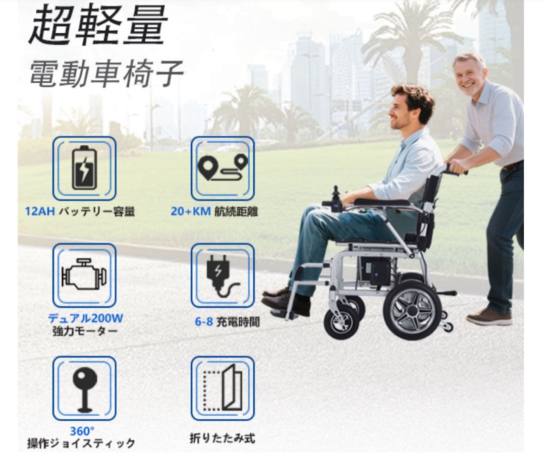 超軽17Kg 折り畳み電動車いす アルミ リチウム 動力400W 2025年夏製