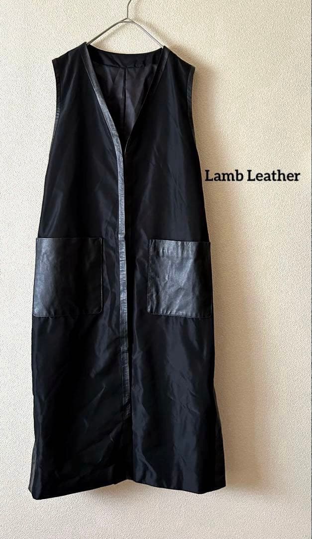 希少✨ヴィンテージ ロングジレ　ラムレザー　羊革　切り替えジレ　黒　一点物