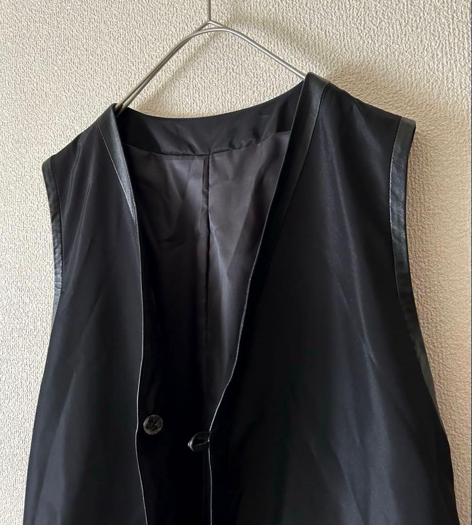希少✨ヴィンテージ ロングジレ　ラムレザー　羊革　切り替えジレ　黒　一点物