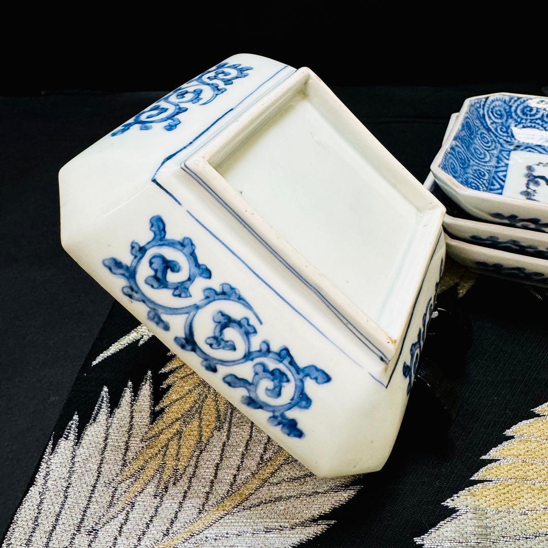 古伊万里　有田焼　染付松松竹梅蛸唐草文　方皿　4点