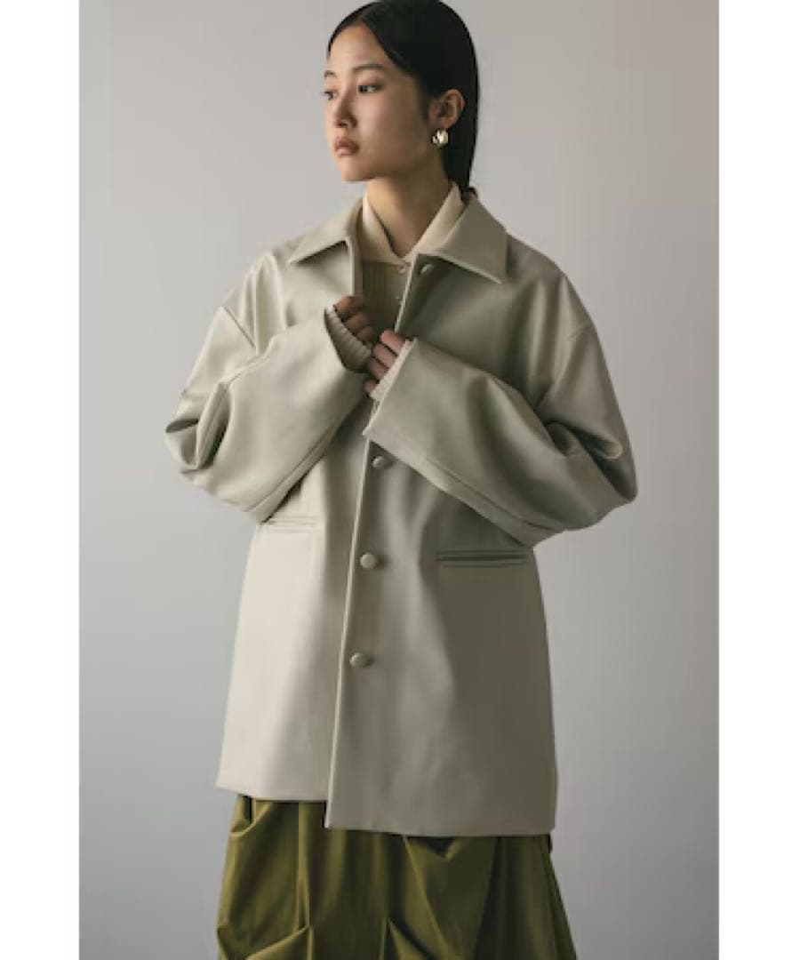 [完売品]STYLEMIXER ステンカラーフェイクレザージャケット　IVOY