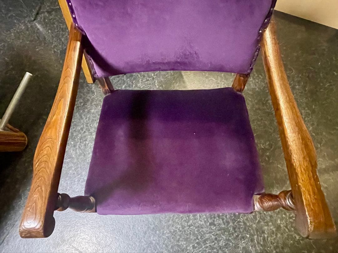 アンティーク チェアー パープル生地 彫刻 英国？ ヴィンテージ 家具 椅子