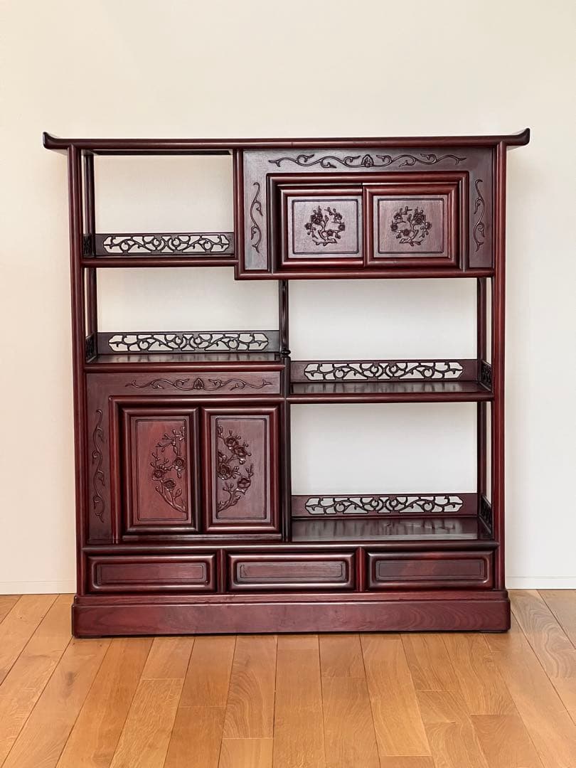 唐木 花梨 茶箪笥 飾り棚 茶棚 違い棚 和家具 木製 彫刻 アンティーク