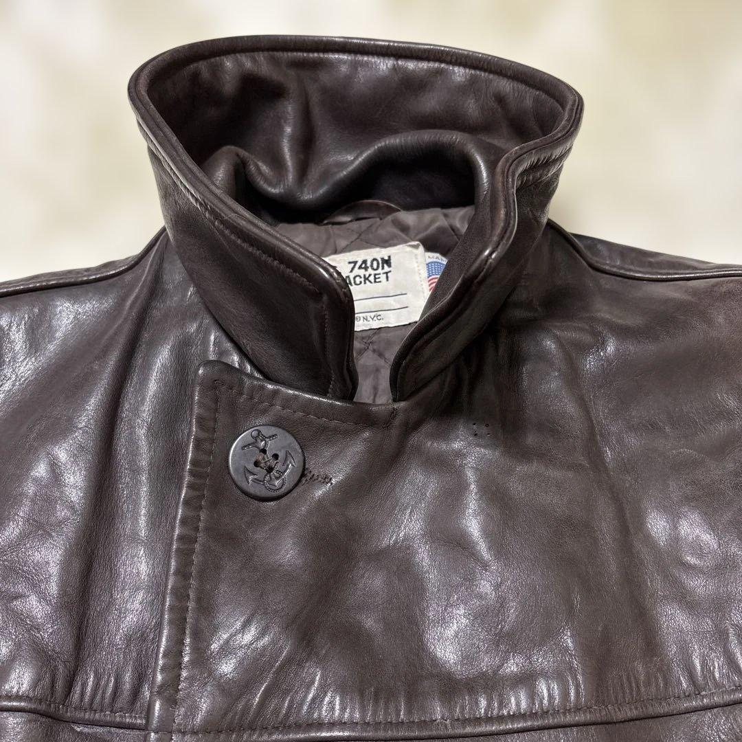 良サイズ！ショット★ブラウン　42 XL◎レザーピーコート★