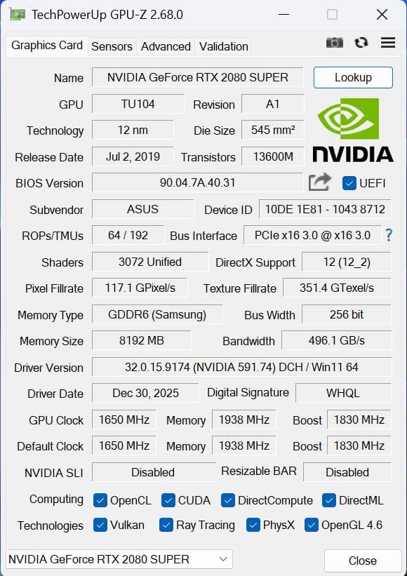 グラフィックボード・グラボ・ビデオカード ASUS ROGSTRIX GeForce RTX 2080 Super