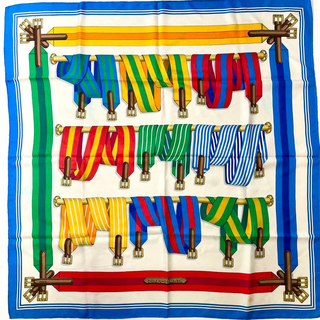 カルネ　エルメス　シルク　87cm スカーフ　ブルー　M