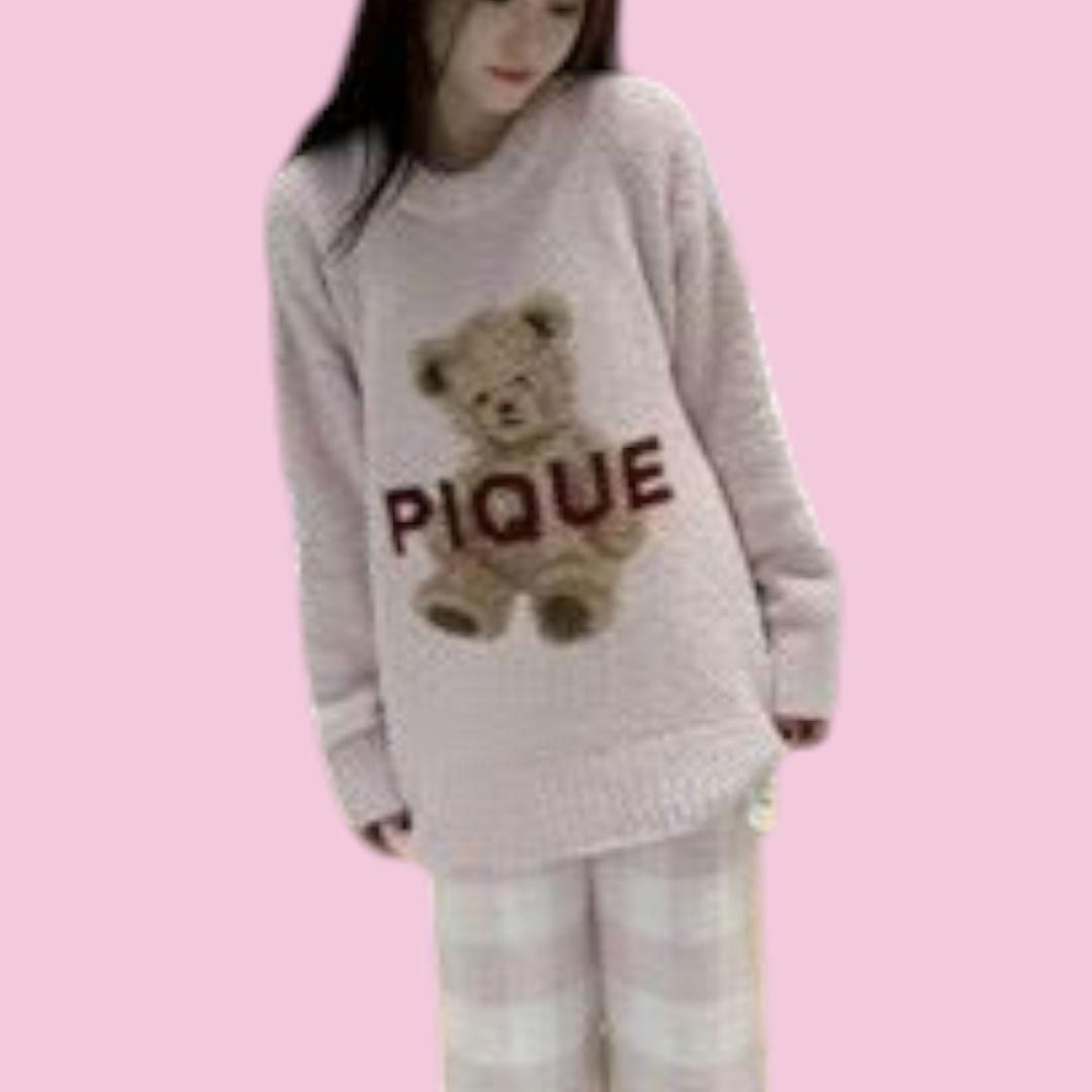 新品ジェラートピケ ルームウェア 冬くまふわふわ ピンク上下セット