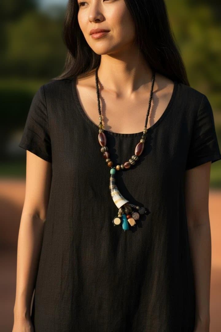 ホーンチャーム×真鍮ビーズ エスニック ロングネックレス [並行輸入品]