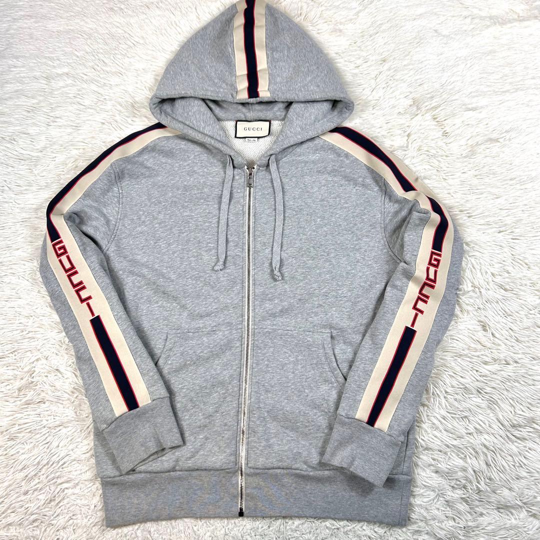 【希少XL/極美品】グッチ サイドロゴテープ ジップパーカー グレー イタリア製