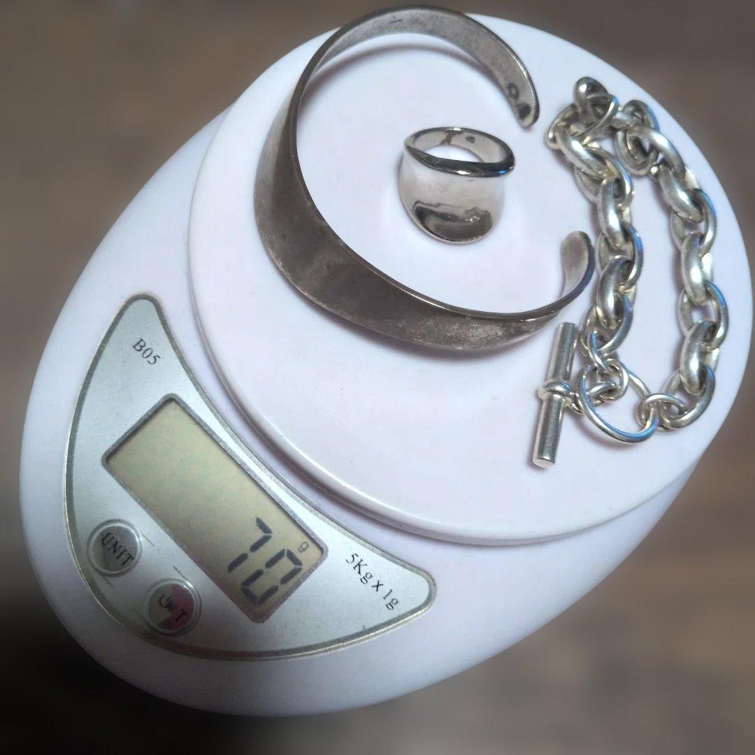 シルバー チェーンブレスレット バングル リング 3点セット、まとめ売り