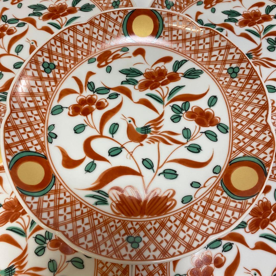 たち吉　花鳥　呉須　赤絵　金彩　丸　中皿　5枚セット　丸紋 初節句　【希少品】