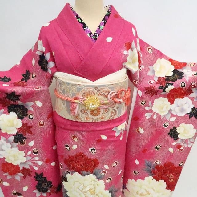 ｍ2182＊美品 正絹 牡丹 刺繍 トール 手縫い仕立て 振袖・襦袢2点セット