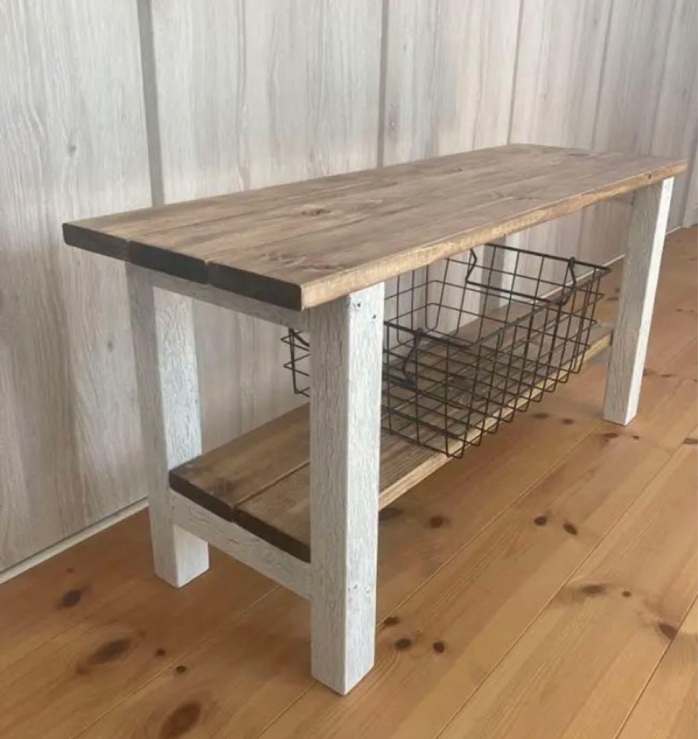 値下げ！新作☆古材風スツールベンチ兼飾り棚☆スノーホワイト×ジャコビアン