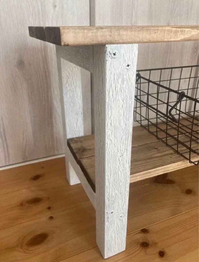 値下げ！新作☆古材風スツールベンチ兼飾り棚☆スノーホワイト×ジャコビアン