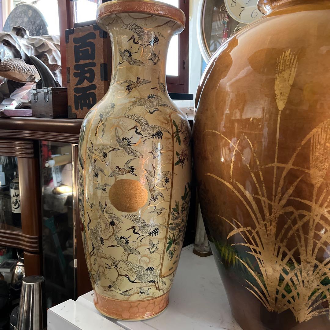 薩摩焼 、金襴手 郡鶴花鳥図花瓶 約60飾壷 花器 細密絵付 コレクター収蔵品