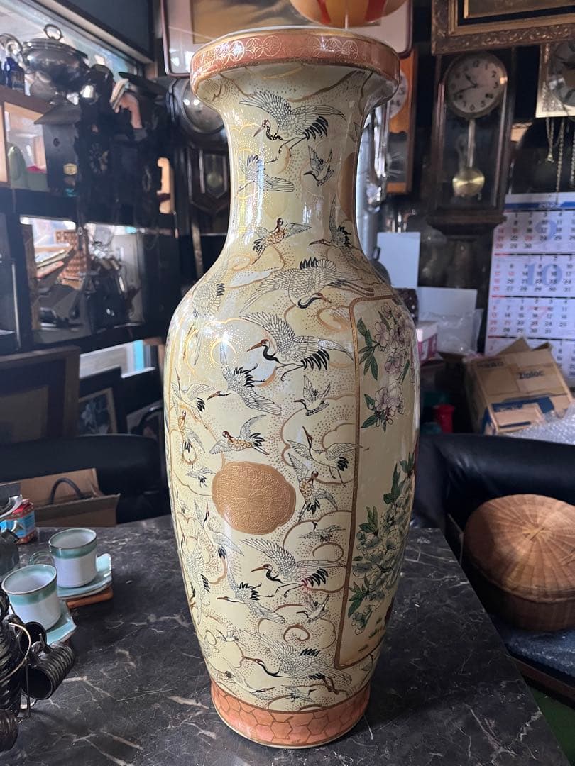 薩摩焼 、金襴手 郡鶴花鳥図花瓶 約60飾壷 花器 細密絵付 コレクター収蔵品