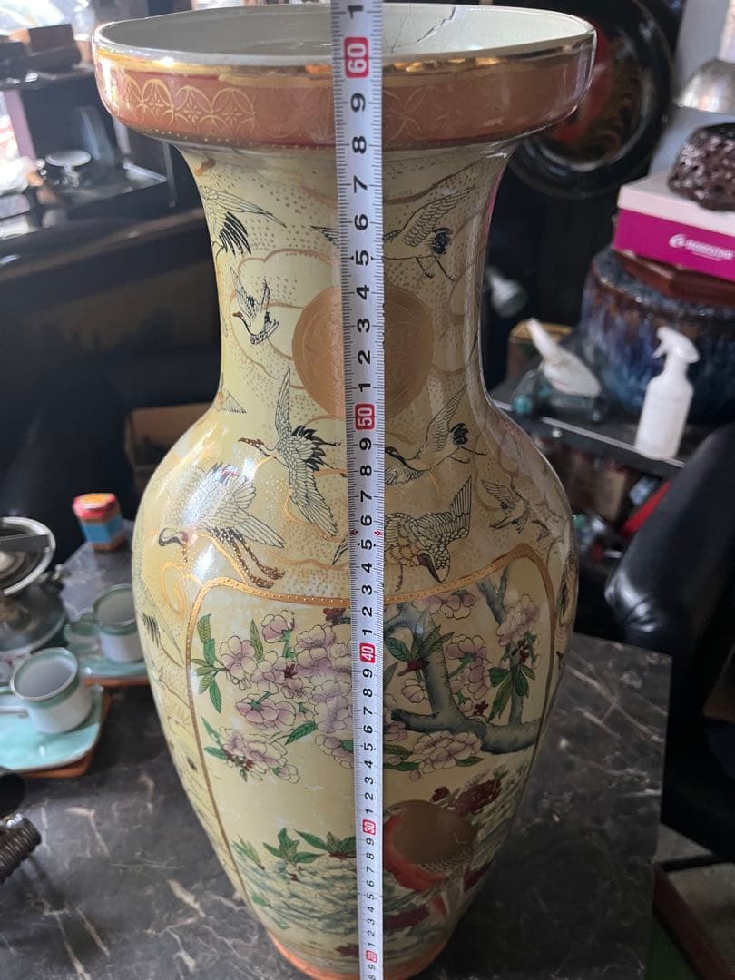 薩摩焼 、金襴手 郡鶴花鳥図花瓶 約60飾壷 花器 細密絵付 コレクター収蔵品