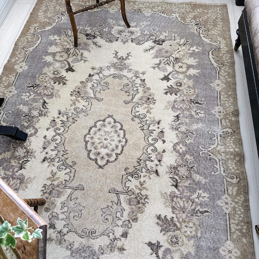 トルコ ヴィンテージラグ A118 超大判 定番 レア ベージュ カーキ グレー