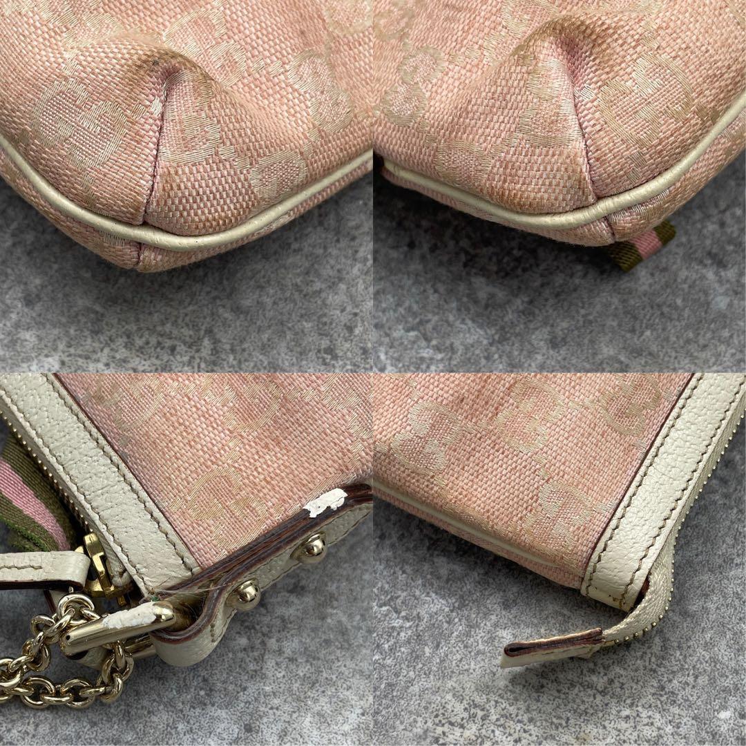 GUCCI グッチ　ポーチ　ピンク　GG総柄　チャーム付き　キャンバス