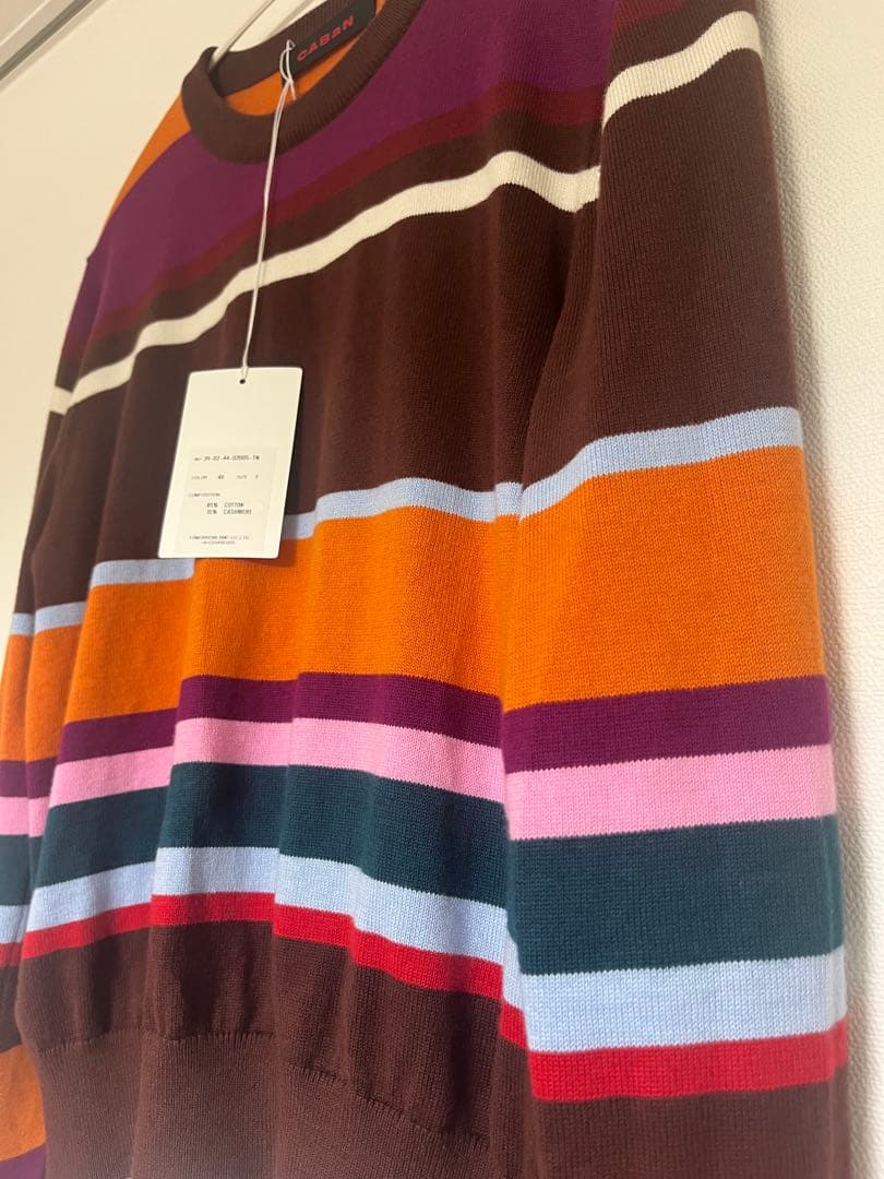 キャバン　コットンカシミヤ マルチボーダークルーネックプルオーバー　ブラウン系
