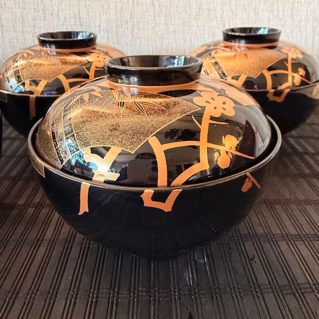 【未使用保管品】輪島塗 【天然木製 本漆塗】金彩蒔絵 松竹梅 吸物椀 5客