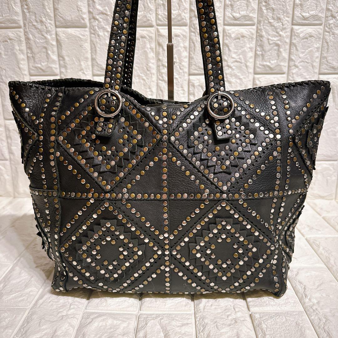 希少 ジャマンピュエッシュ トートバッグ オールレザー スタッズ ブラック A4