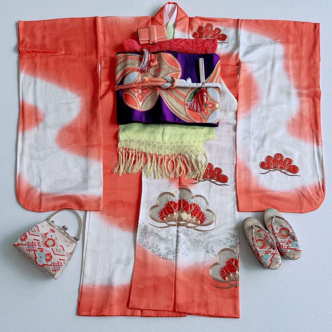 美品フルセット　七五三　7歳女の子　豪華刺繡　金糸　金プリント　紫袋帯7073